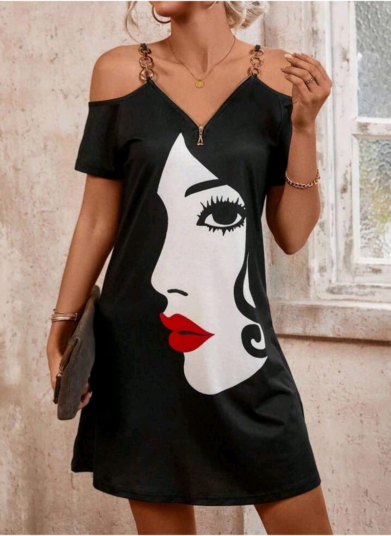 Shein Women's Off-Shoulder Short Sleeve Dress With Face Print .  - Image 1