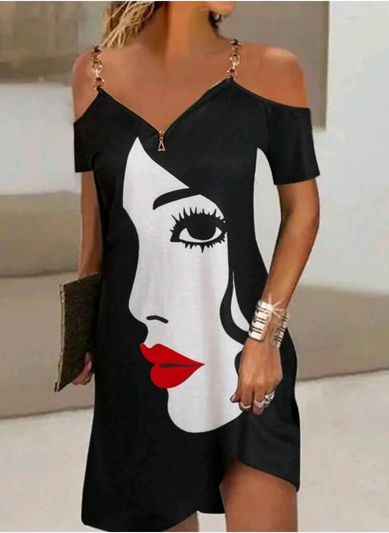 Shein Women's Off-Shoulder Short Sleeve Dress With Face Print .  - Image 4