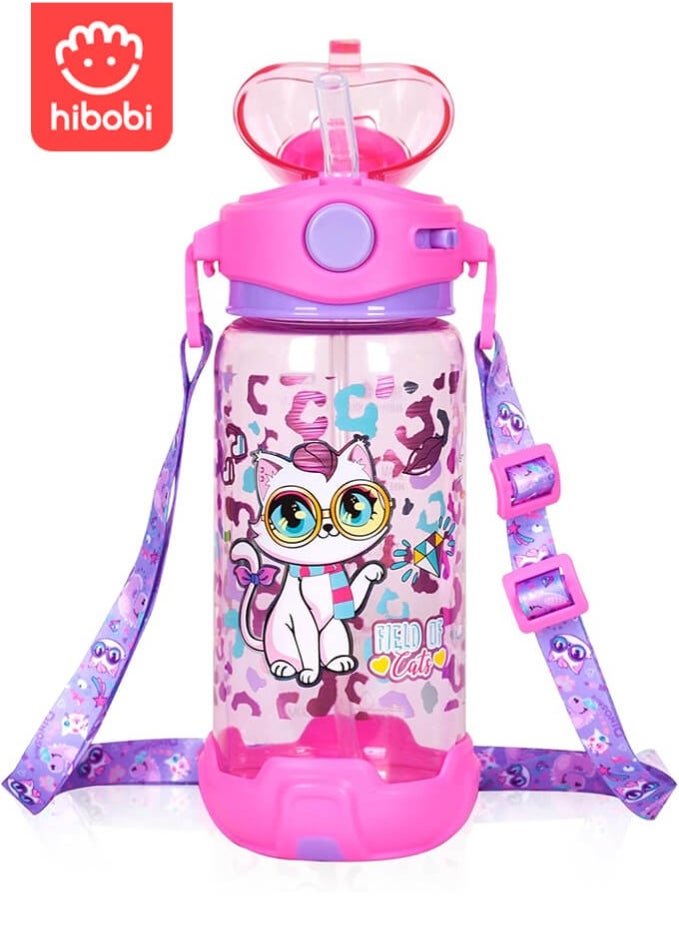 hibobi 650Ml Sippy Cup Water Bottle for Kids with Cat Design, Easy-to-Carry School & Travel Bottle for Girls  - Image 1