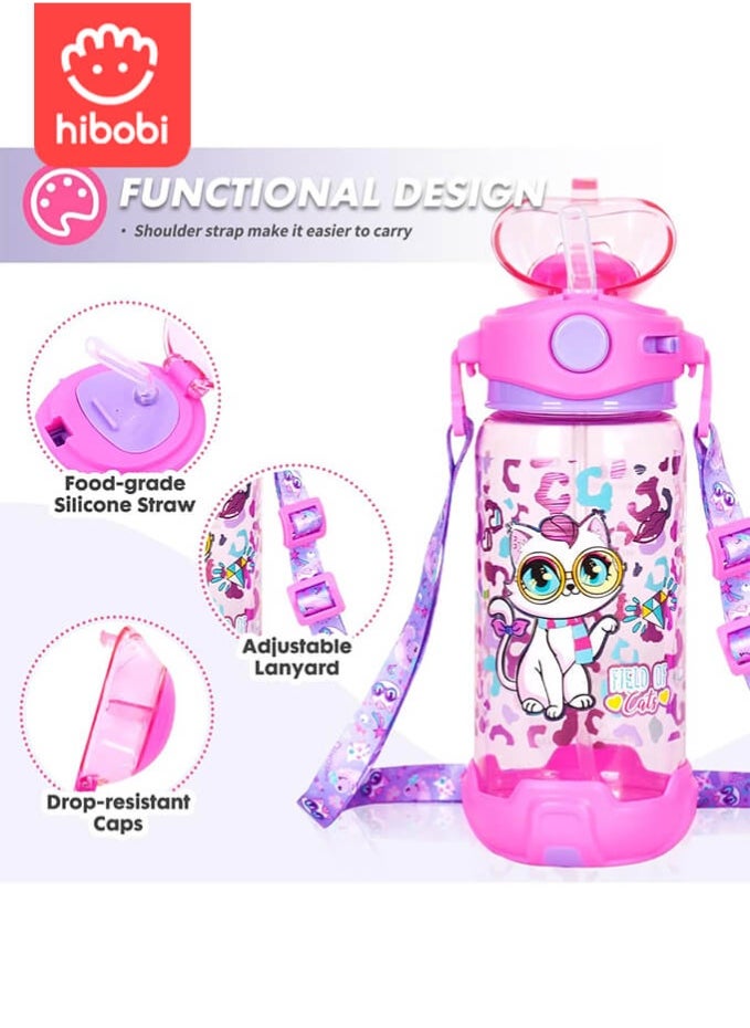 hibobi 650Ml Sippy Cup Water Bottle for Kids with Cat Design, Easy-to-Carry School & Travel Bottle for Girls  - Image 2