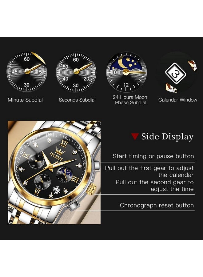 أوليفز ساعة OLEVS للرجال كرونوغراف ألماس كوارتز أسود بتقويم تاريخ ومرحلة القمر فاخرة من الفولاذ المقاوم للصدأ بلونين ومقاومة للماء وساعة عمل مضيئة - Image 4