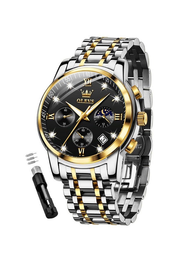 أوليفز ساعة OLEVS للرجال كرونوغراف ألماس كوارتز أسود بتقويم تاريخ ومرحلة القمر فاخرة من الفولاذ المقاوم للصدأ بلونين ومقاومة للماء وساعة عمل مضيئة - Image 1