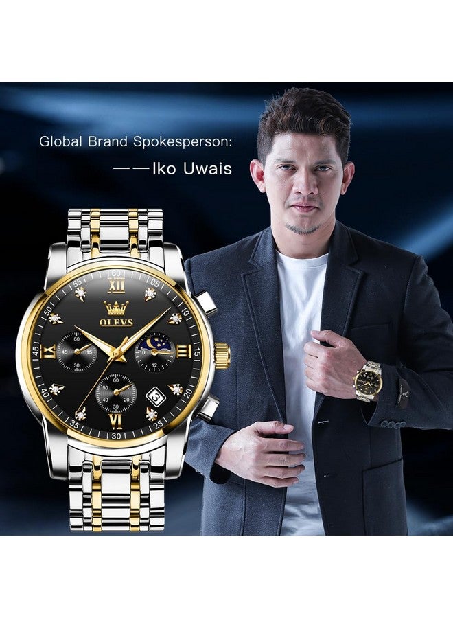 أوليفز ساعة OLEVS للرجال كرونوغراف ألماس كوارتز أسود بتقويم تاريخ ومرحلة القمر فاخرة من الفولاذ المقاوم للصدأ بلونين ومقاومة للماء وساعة عمل مضيئة - Image 2