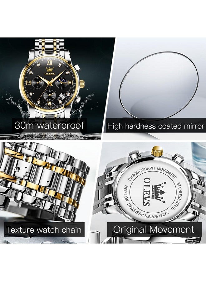 أوليفز ساعة OLEVS للرجال كرونوغراف ألماس كوارتز أسود بتقويم تاريخ ومرحلة القمر فاخرة من الفولاذ المقاوم للصدأ بلونين ومقاومة للماء وساعة عمل مضيئة - Image 5