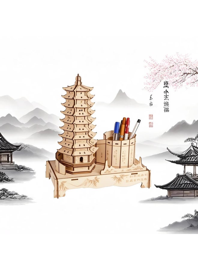 3d Wooden Three-dimensional Jigsaw Puzzle Quadruple Stamping Simulation Wooden Model Stall A Generation Of Children's Toys-Color:Stork Tower - Image 3