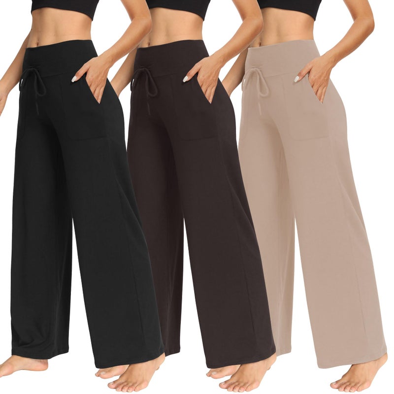 TNNZEET 3 Pack Women's Wide Leg Pants with Pockets - Casual Loose Yoga Trouser Pants Sweatpants Palazzo Lounge Pajama Pants - Image 1