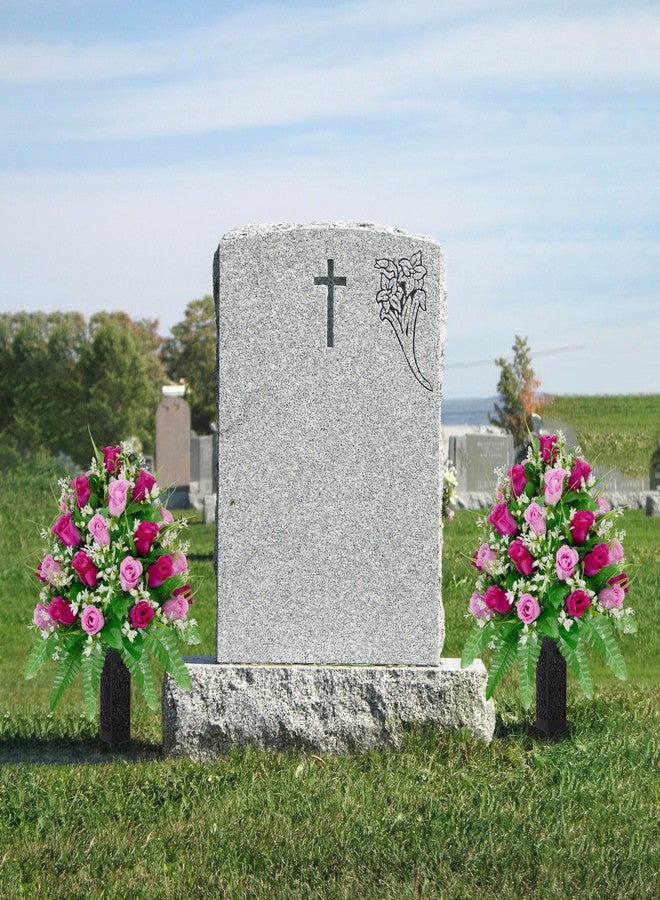 MOOMASS 2 Sets Artificial Cemetery Flowers, Purple and Pink Realistic Roses Bouquet, Outdoor Grave Decorations with Non-Bleed Colors, Accompanied by 2 Long Nail Vases (Purple+Pink) - Image 2