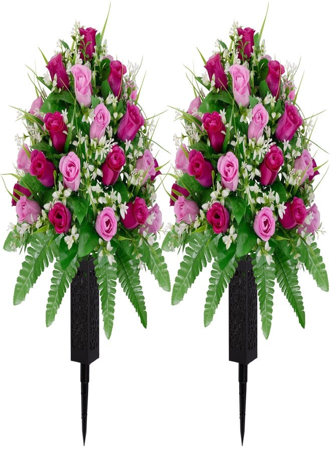 MOOMASS 2 Sets Artificial Cemetery Flowers, Purple and Pink Realistic Roses Bouquet, Outdoor Grave Decorations with Non-Bleed Colors, Accompanied by 2 Long Nail Vases (Purple+Pink) - Image 1
