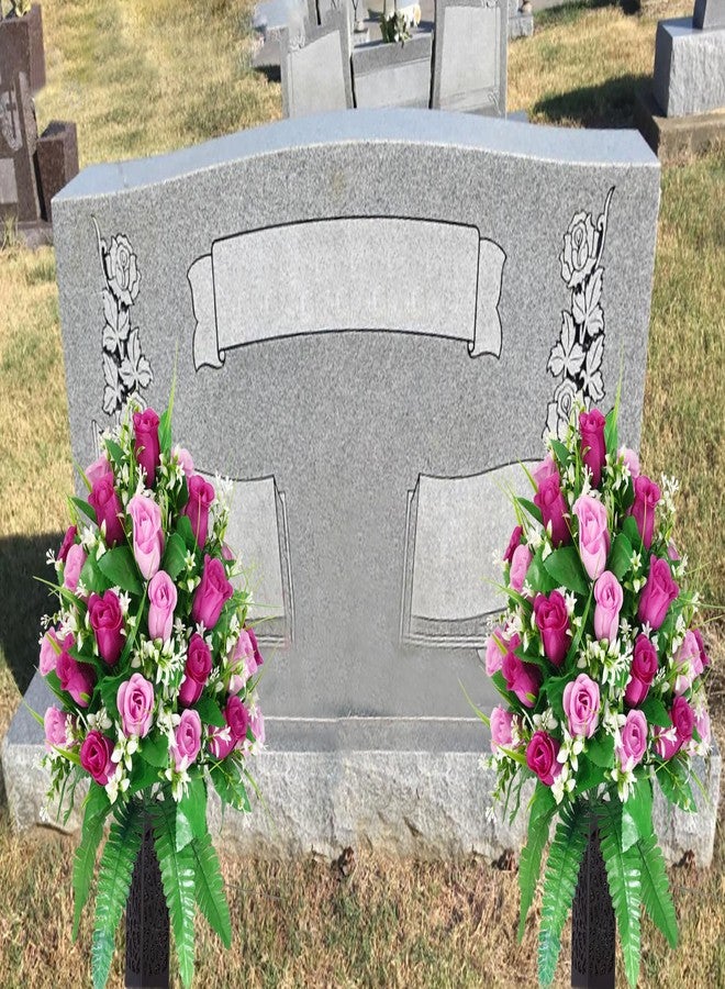 MOOMASS 2 Sets Artificial Cemetery Flowers, Purple and Pink Realistic Roses Bouquet, Outdoor Grave Decorations with Non-Bleed Colors, Accompanied by 2 Long Nail Vases (Purple+Pink) - Image 3