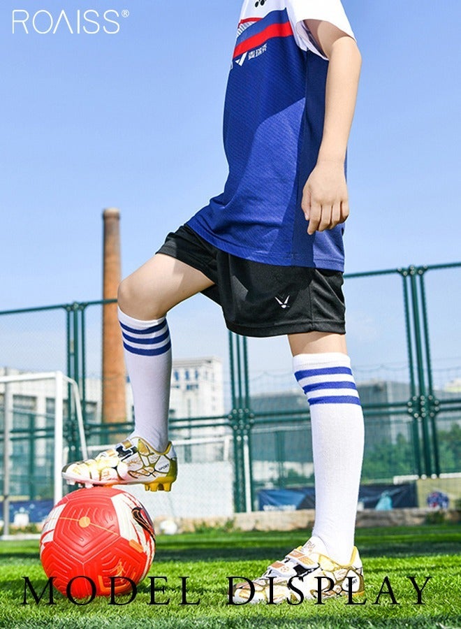 رويس أحذية كرة قدم منخفضة العنق للأطفال للجنسين، خفيفة الوزن، مناسبة للمنافسات والتدريب، للمراهقين والطلاب، مانعة للانزلاق، مقاومة للتآكل، مريحة، مزودة بشريط لاصق، لون أبيض وذهبي - Image 2