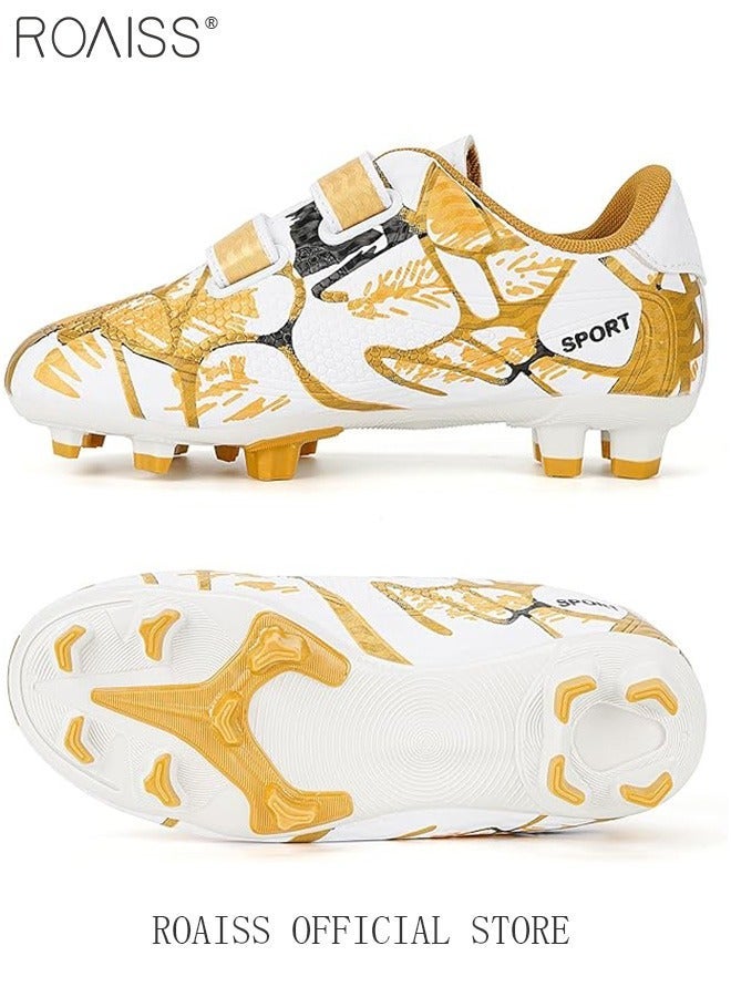 رويس أحذية كرة قدم منخفضة العنق للأطفال للجنسين، خفيفة الوزن، مناسبة للمنافسات والتدريب، للمراهقين والطلاب، مانعة للانزلاق، مقاومة للتآكل، مريحة، مزودة بشريط لاصق، لون أبيض وذهبي - Image 5