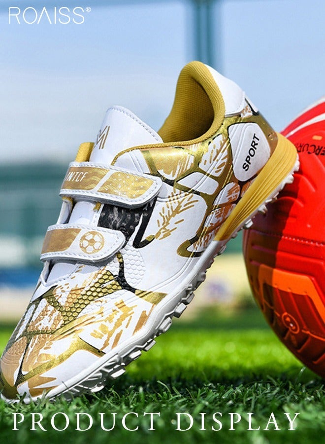 رويس أحذية كرة قدم منخفضة العنق للأطفال للجنسين، خفيفة الوزن، مناسبة للمنافسات والتدريب، للمراهقين والطلاب، مانعة للانزلاق، مقاومة للتآكل، مريحة، مزودة بشريط لاصق، لون أبيض وذهبي - Image 1
