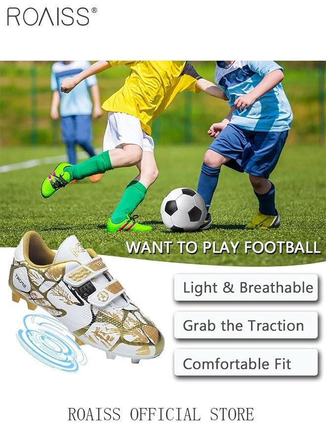 رويس أحذية كرة قدم منخفضة العنق للأطفال للجنسين، خفيفة الوزن، مناسبة للمنافسات والتدريب، للمراهقين والطلاب، مانعة للانزلاق، مقاومة للتآكل، مريحة، مزودة بشريط لاصق، لون أبيض وذهبي - Image 3
