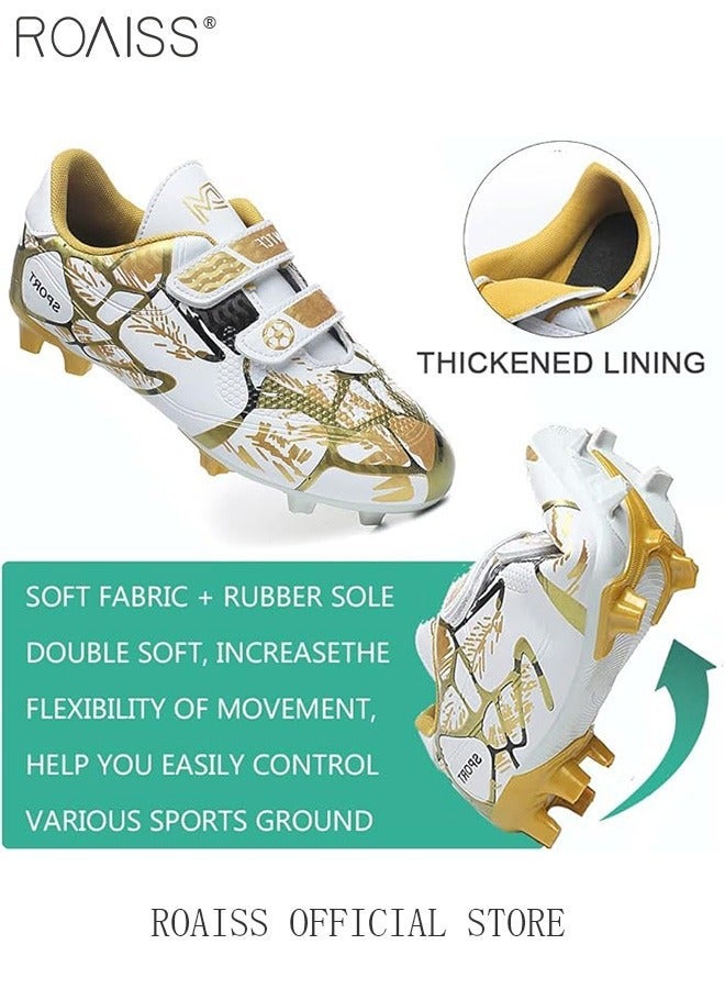 رويس أحذية كرة قدم منخفضة العنق للأطفال للجنسين، خفيفة الوزن، مناسبة للمنافسات والتدريب، للمراهقين والطلاب، مانعة للانزلاق، مقاومة للتآكل، مريحة، مزودة بشريط لاصق، لون أبيض وذهبي - Image 4