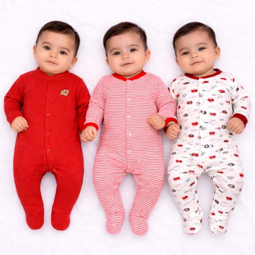VParents Aqua Full Length Printed Baby Footies Sleepsuit Romper Pack of 3 - New Born (New Born, Red) - Image 1