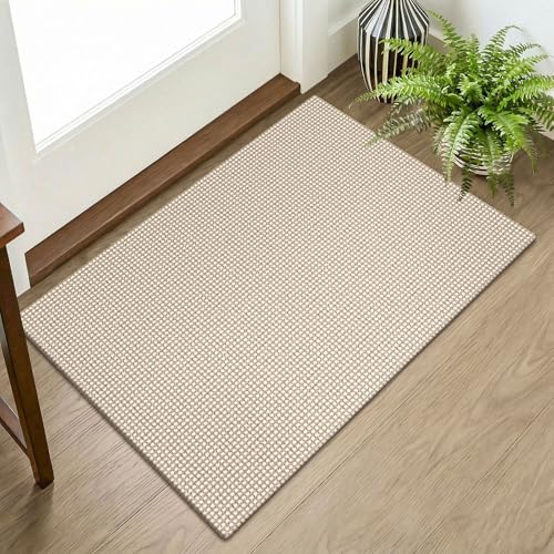 KOZYFLY Indoor Door Mat 2x3 ft Small Area Rugs Washable Front Door Mat Non Slip Rubber Backed Entryway Rug Cotton Entrance Doormat for Front Porch Bathroom Kitchen Bedroom IvoryCamelBrown - Image 1