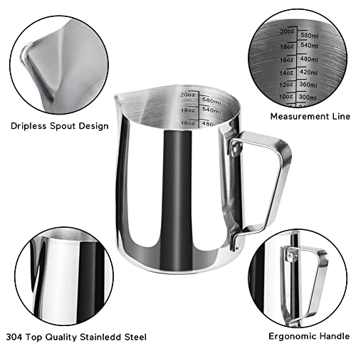 HOFASON Stainless Steel Milk Frothing Pitcher Cappuccino Pitcher Pouring Jug Espresso Cup Creamer Cup for Latte Art, 20 Ounce (600 ML) - Image 4
