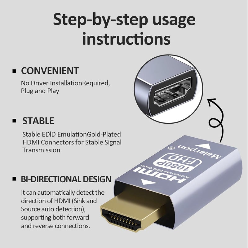 Malarpon Hdmi Edid Emulator Passthrough 3rd Generrtion Aluminum fit Headlesskeep The EDID of The Monitor Active Switches and Extenders 1920x1080@59Hz 1P - Image 3
