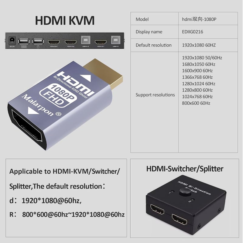 Malarpon Hdmi Edid Emulator Passthrough 3rd Generrtion Aluminum fit Headlesskeep The EDID of The Monitor Active Switches and Extenders 1920x1080@59Hz 1P - Image 2