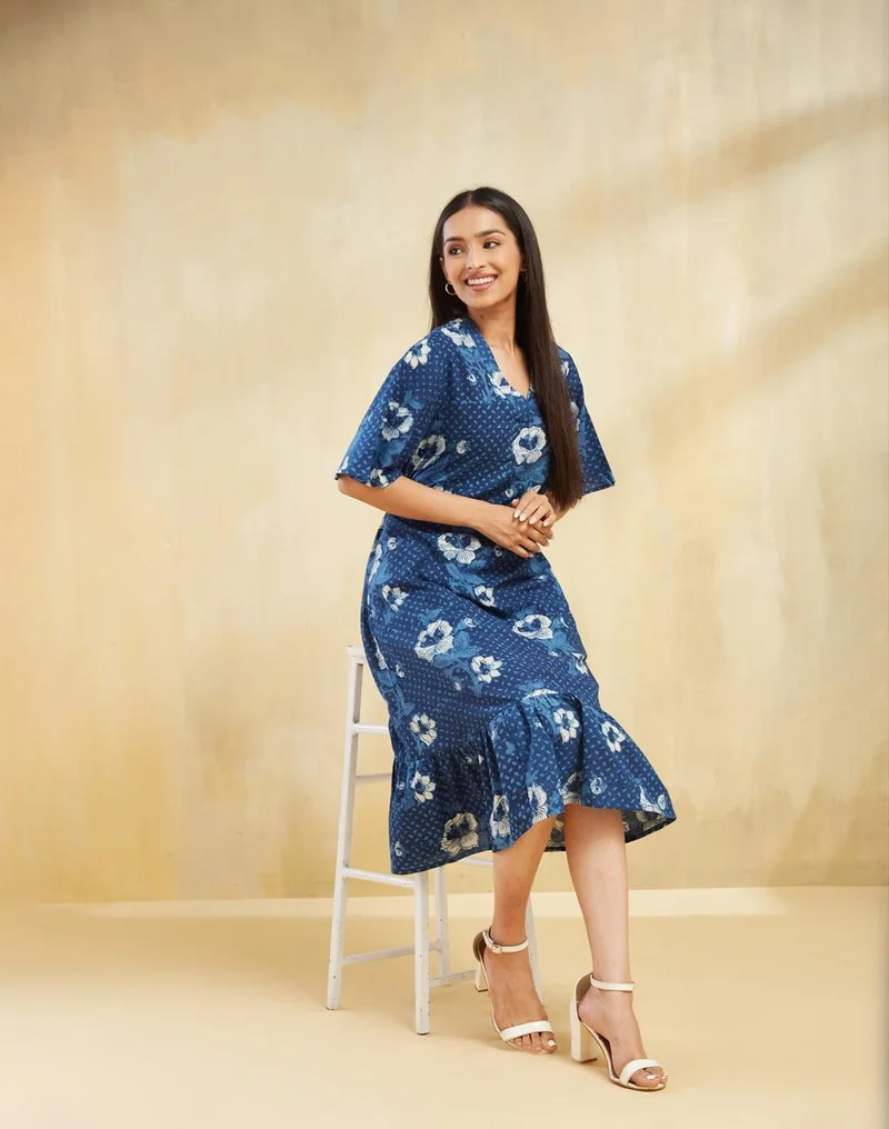 Fabindia Indigo Cotton Dabu Printed Midi Dress