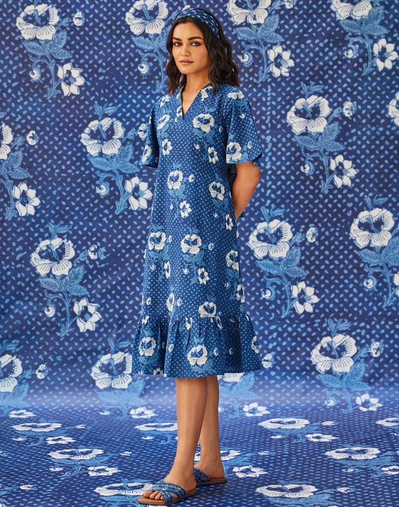Fabindia Indigo Cotton Dabu Printed Midi Dress