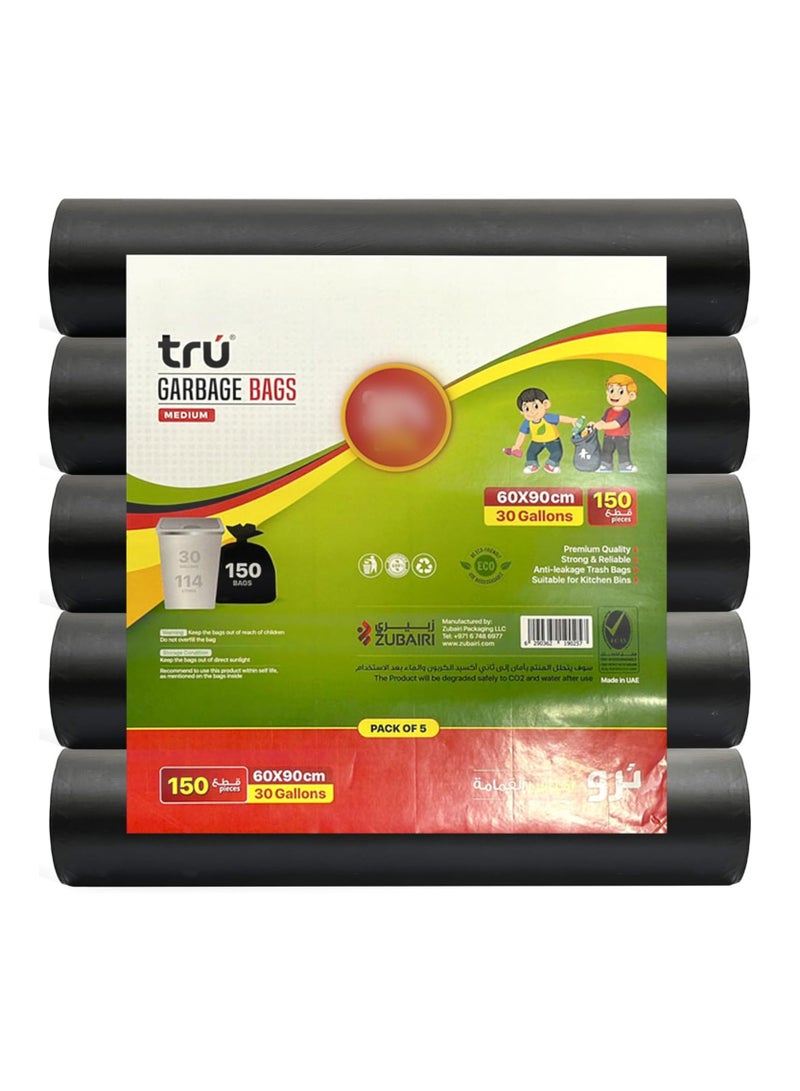 Tru Garbage Bags Roll 30Gallon Heavy Duty (30pc x 5 Rolls) 150Bags - Black - Image 1