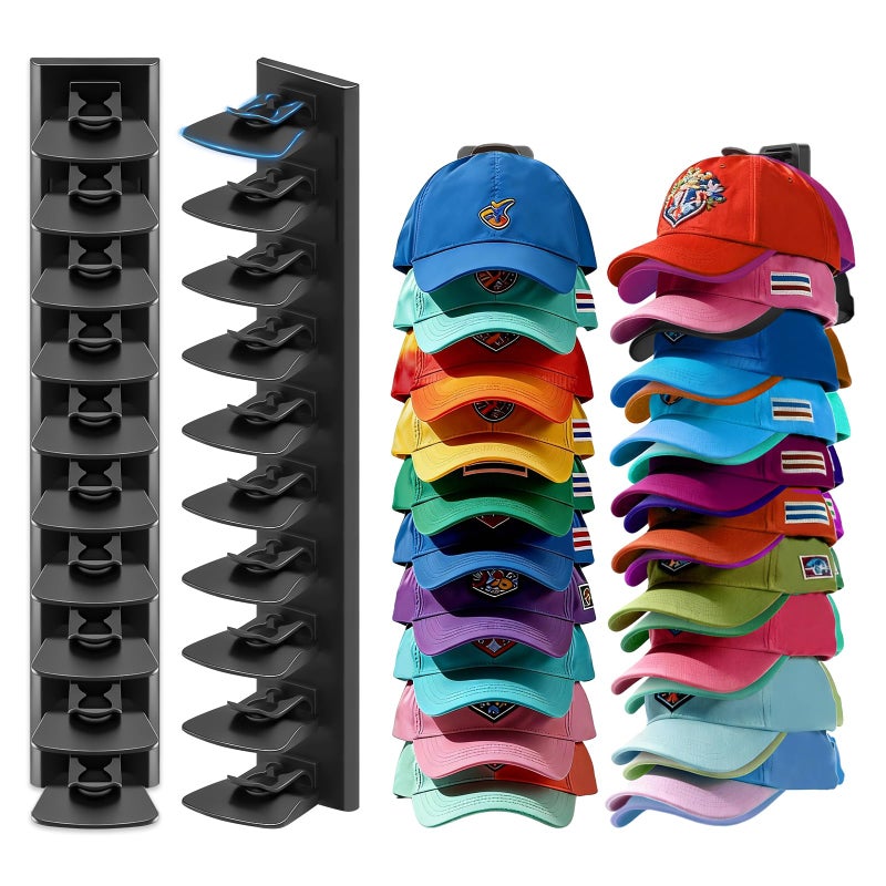 Vrurc Hat Organizer for Baseball Caps 2 Pack, Wall Mounted Hat Rack Holds Up to 40 Hats, Strong Adhesive Multi-Layer Cap Storage Display for Closet Door, Wardrobe, Bedroom (Black) - Image 1