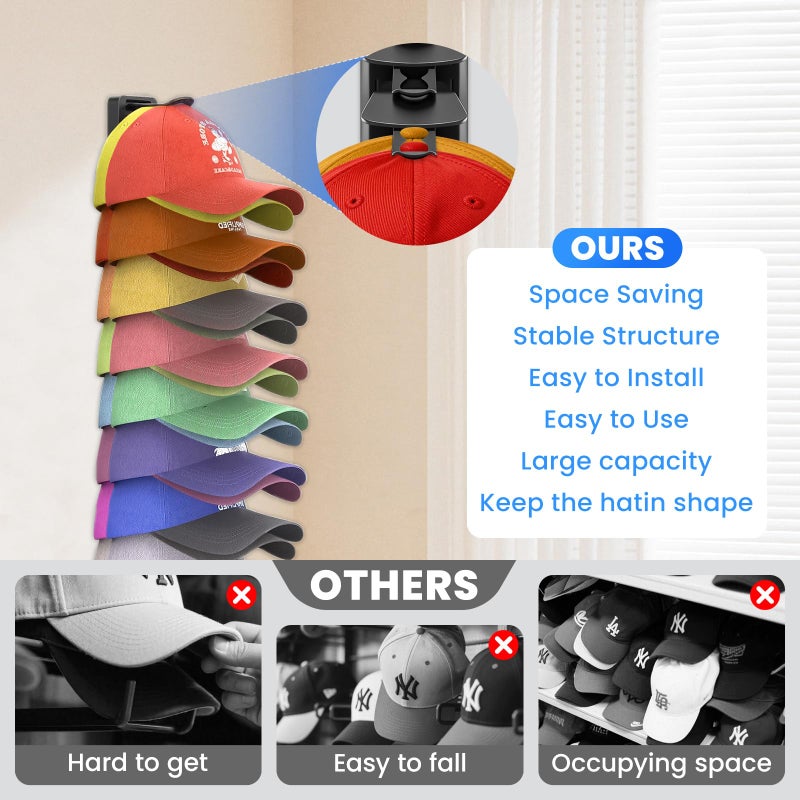 Vrurc Hat Organizer for Baseball Caps 2 Pack, Wall Mounted Hat Rack Holds Up to 40 Hats, Strong Adhesive Multi-Layer Cap Storage Display for Closet Door, Wardrobe, Bedroom (Black) - Image 3