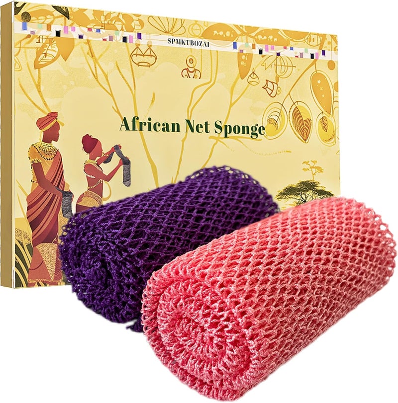 SPMKTBOZAI إسفنجة الشبكة الأفريقية الأصلية، 2 قطع إسفنجة تقشير أفريقية حقيقية مملوكة لأفارقة، إسفنجة استحمام أفريقية، فرشاة ظهر، مقشر للجسم، ملحقات استحمام (بنفسجي، وردي)