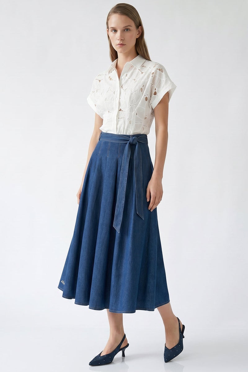 EXQUISE Pleated Pocket Belted Regular Midi Blue Skirt - Image 1