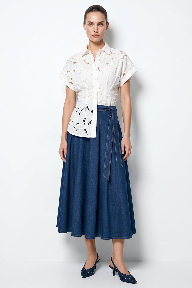 EXQUISE Pleated Pocket Belted Regular Midi Blue Skirt - Image 4