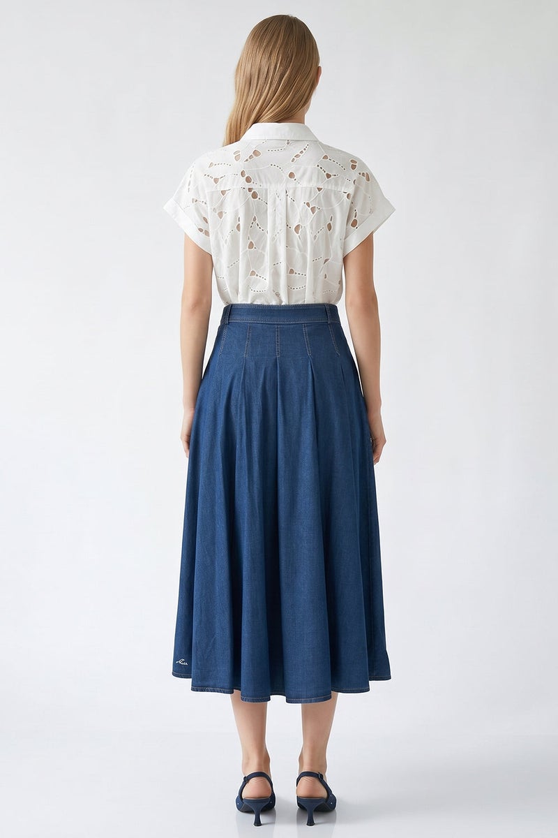 EXQUISE Pleated Pocket Belted Regular Midi Blue Skirt - Image 2