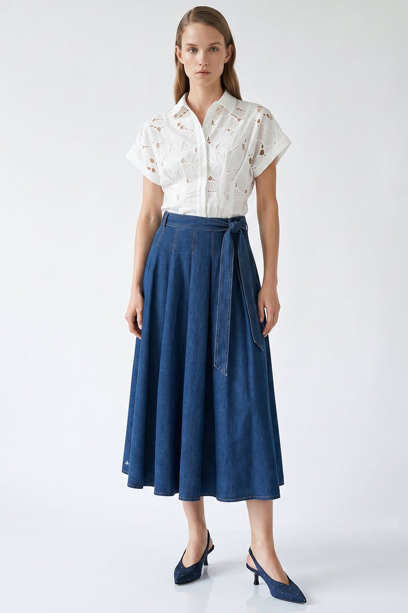 EXQUISE Pleated Pocket Belted Regular Midi Blue Skirt - Image 3