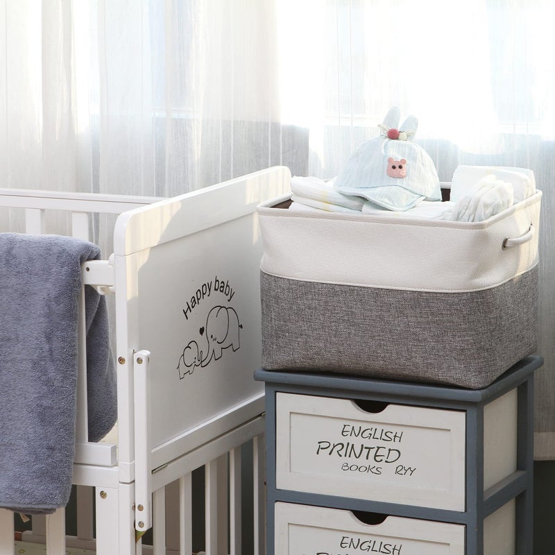 Sea Team 3-Pack Large Storage Basket Set, Trunk Organizer, Clothes Toys Bin, 15 x 10 x 10 Inches, Big Rectangular Canvas Fabric Collapsible Shelf Box with Handles for Kids Room (Grey/White) - Image 3