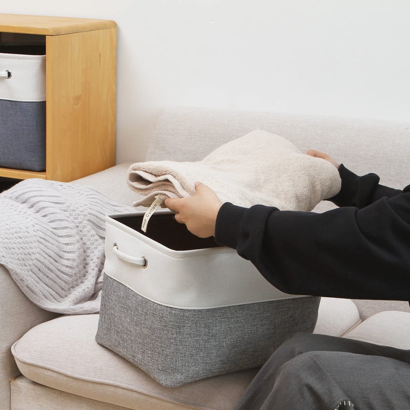 Sea Team 3-Pack Large Storage Basket Set, Trunk Organizer, Clothes Toys Bin, 15 x 10 x 10 Inches, Big Rectangular Canvas Fabric Collapsible Shelf Box with Handles for Kids Room (Grey/White) - Image 4