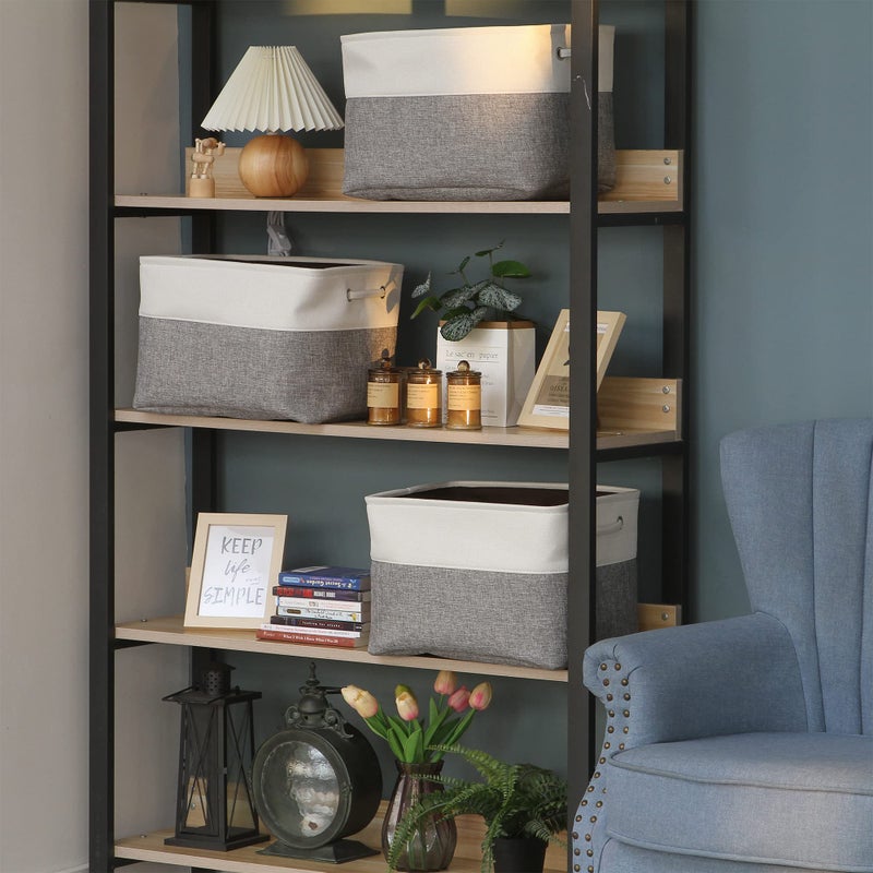 Sea Team 3-Pack Large Storage Basket Set, Trunk Organizer, Clothes Toys Bin, 15 x 10 x 10 Inches, Big Rectangular Canvas Fabric Collapsible Shelf Box with Handles for Kids Room (Grey/White) - Image 2