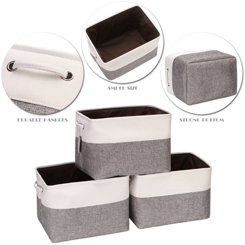 Sea Team 3-Pack Large Storage Basket Set, Trunk Organizer, Clothes Toys Bin, 15 x 10 x 10 Inches, Big Rectangular Canvas Fabric Collapsible Shelf Box with Handles for Kids Room (Grey/White) - Image 5