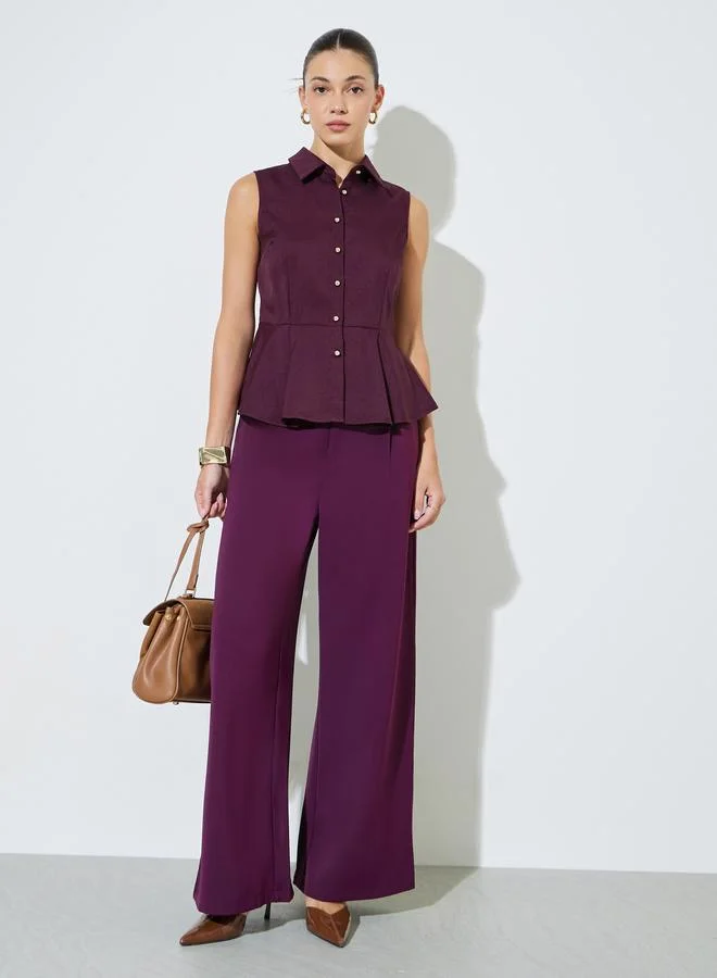 ستايلي Burgundy Solid Sleeveless Peplum Top with Collar