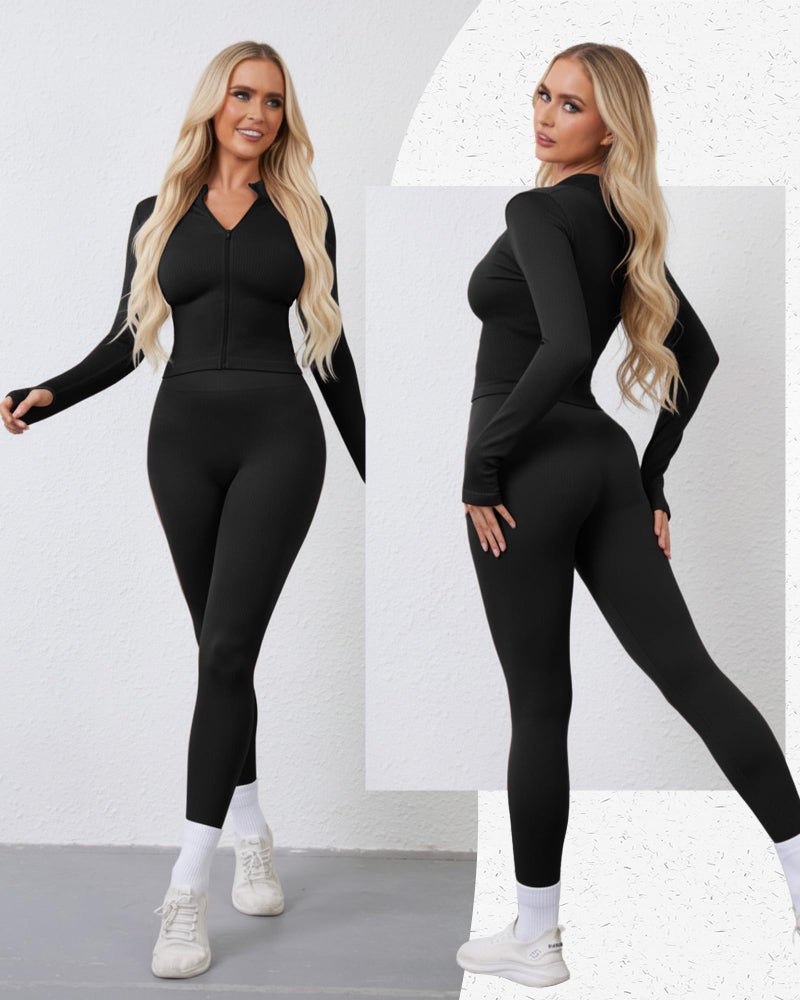 Simlakey Women 3 Piece Seamless Workout Set Sports Bra High Waisted Gym Yoga Leggings Zip Up Jacket with Thumbhole Activewear(Black,Medium) - Image 4