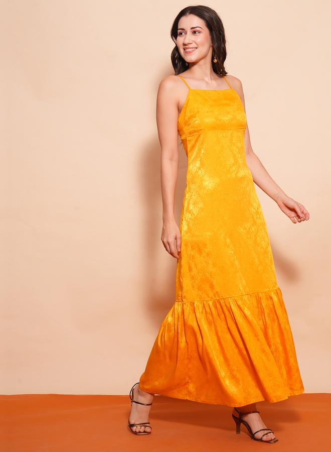 Globus Women Yellow Self Design Satin Strappy A-Line Maxi Dress - Image 1