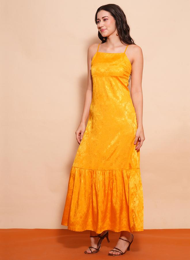 Globus Women Yellow Self Design Satin Strappy A-Line Maxi Dress - Image 2