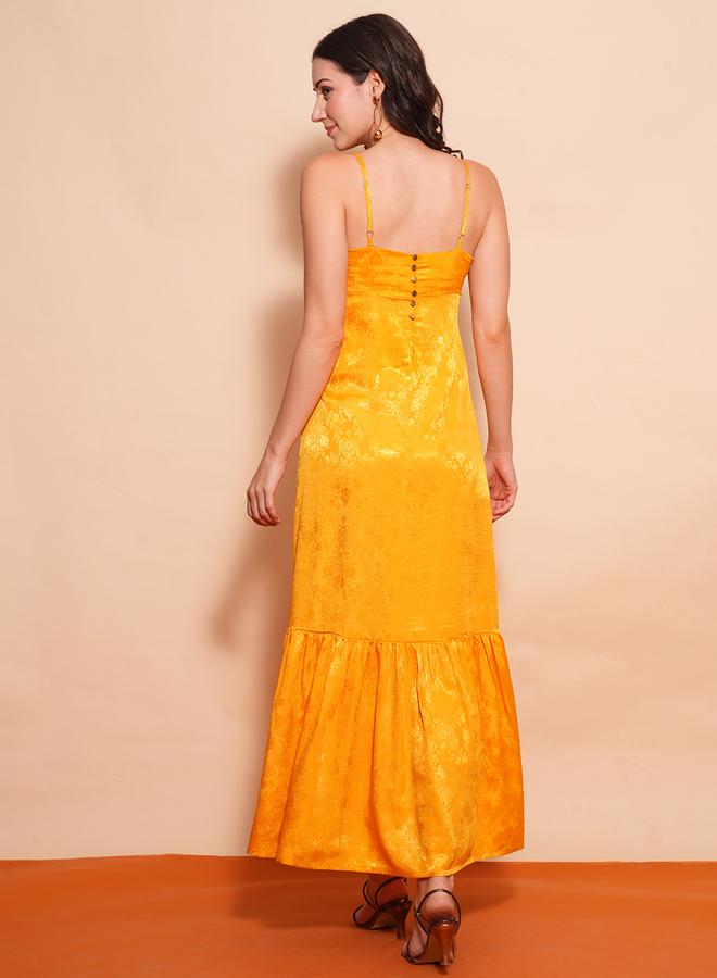 Globus Women Yellow Self Design Satin Strappy A-Line Maxi Dress - Image 3