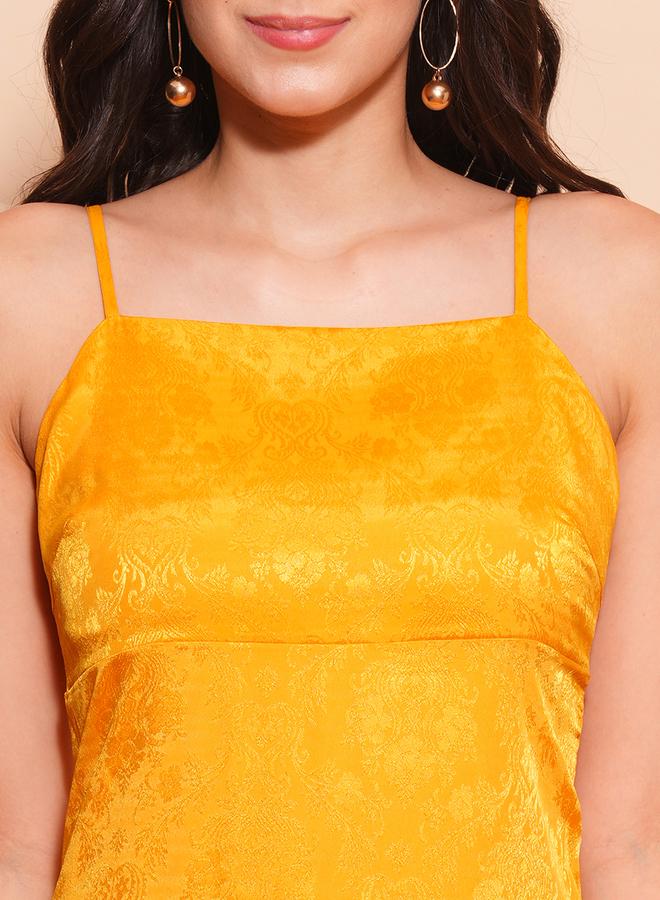 Globus Women Yellow Self Design Satin Strappy A-Line Maxi Dress - Image 4