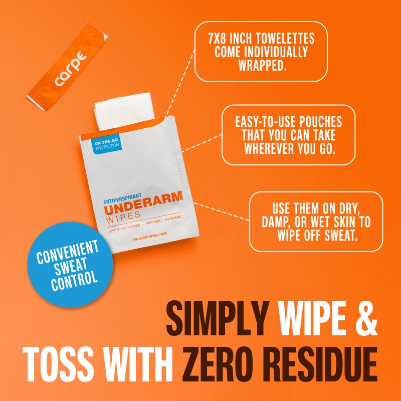 Carpe Antiperspirant Underarm Wipes for Sweat Blocking, Deodorizing, and Cleansing When Youâ€™re On the Move - 15 Residue Free, Individually Wrapped Wipes - Clean and Refreshing Scent - Image 3