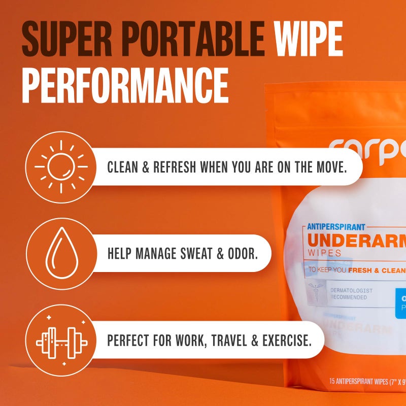 Carpe Antiperspirant Underarm Wipes for Sweat Blocking, Deodorizing, and Cleansing When Youâ€™re On the Move - 15 Residue Free, Individually Wrapped Wipes - Clean and Refreshing Scent - Image 2