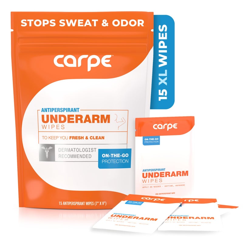 Carpe Antiperspirant Underarm Wipes for Sweat Blocking, Deodorizing, and Cleansing When Youâ€™re On the Move - 15 Residue Free, Individually Wrapped Wipes - Clean and Refreshing Scent - Image 1