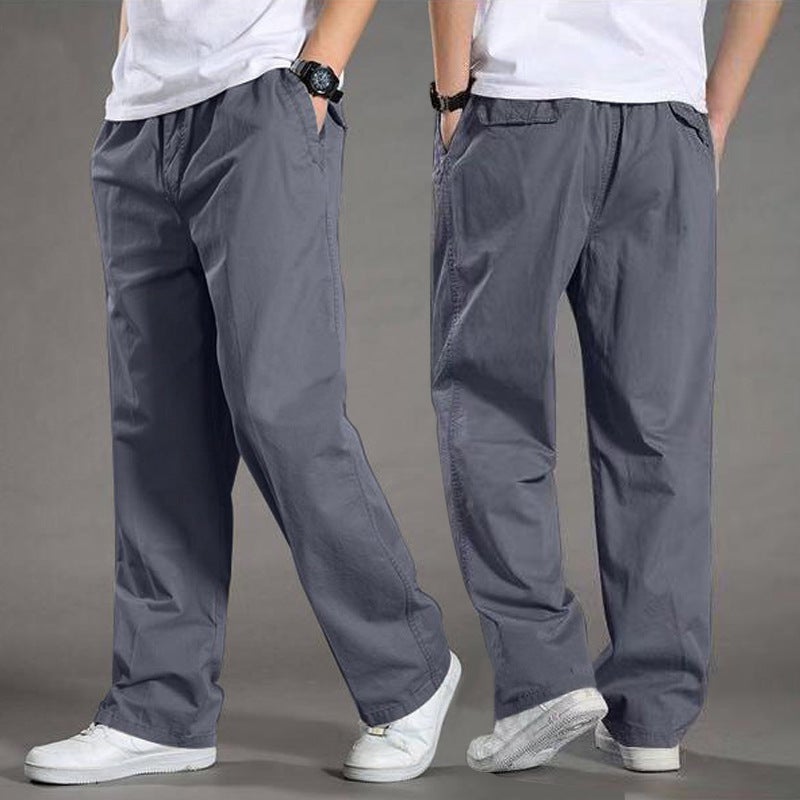 Loose Fit Straight Leg Cotton Trousers Elastic Waist Casual Pants Large Size Workwear for Men Spring Autumn Midlife iron gray  - Image 1