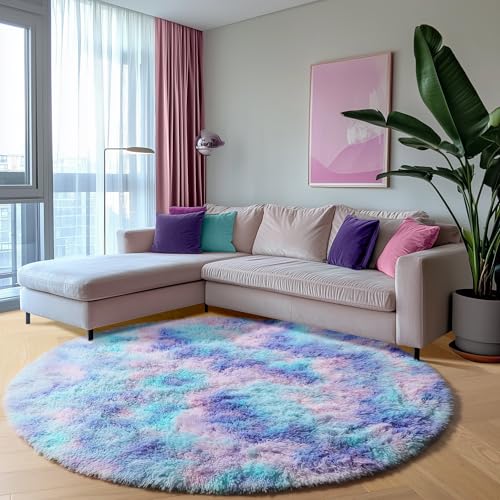 ONASAR Rainbow Round Area Rug 4ft, Soft Bedroom Circle Throw Rugs for Kids Girls Boys Teen Dorm Room, Fluffy Plush Shaggy Carpet Mats for Nursery Living Room Playroom Home Decor Princess Castle - Image 3