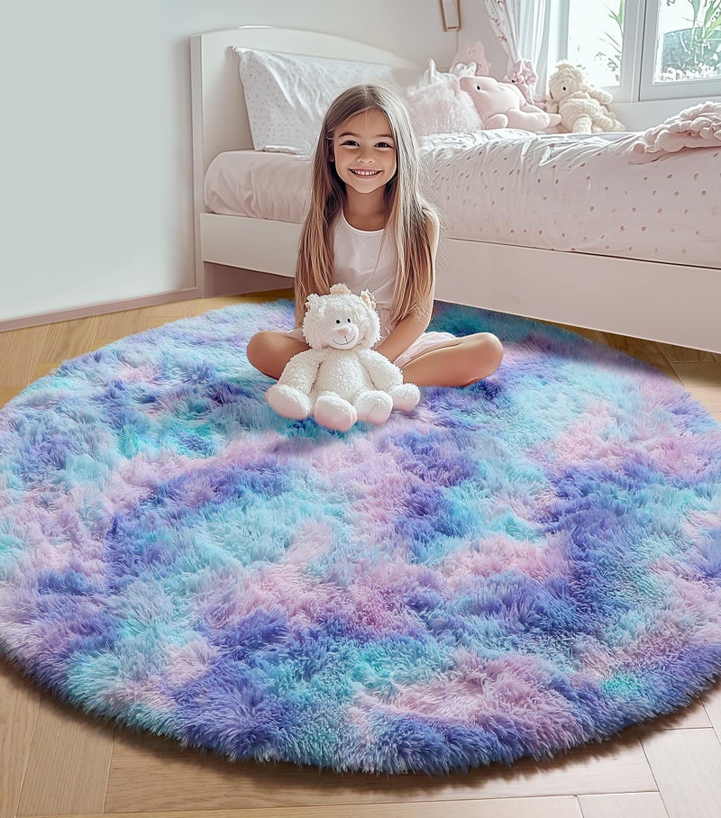 ONASAR Rainbow Round Area Rug 4ft, Soft Bedroom Circle Throw Rugs for Kids Girls Boys Teen Dorm Room, Fluffy Plush Shaggy Carpet Mats for Nursery Living Room Playroom Home Decor Princess Castle - Image 1