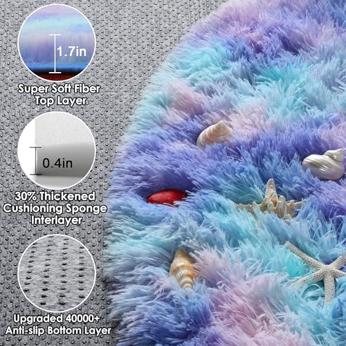 ONASAR Rainbow Round Area Rug 4ft, Soft Bedroom Circle Throw Rugs for Kids Girls Boys Teen Dorm Room, Fluffy Plush Shaggy Carpet Mats for Nursery Living Room Playroom Home Decor Princess Castle - Image 2